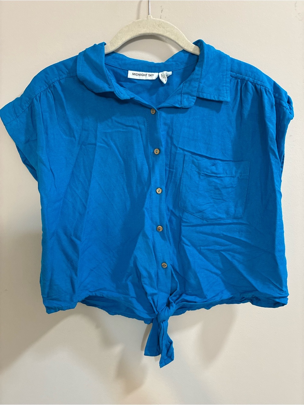 Midnight Sky Women's Blue Tie-Front Button Down Cropped Shirt Medium